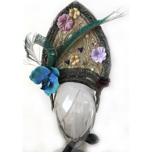 New Queen Embroidery Headpiece Fancy Dress Costume Feather Headband For Wedding Party Cosplay Hair Accessories Handmade