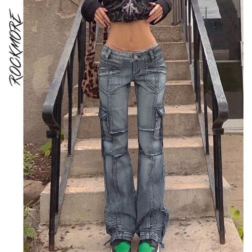 Rockmore Vintage Low Rise Jeans Baggy Womens Pockets Cargo Pants Streetwear Y2K Straight Denim Trousers 90s Hip Hop Grunge 2021