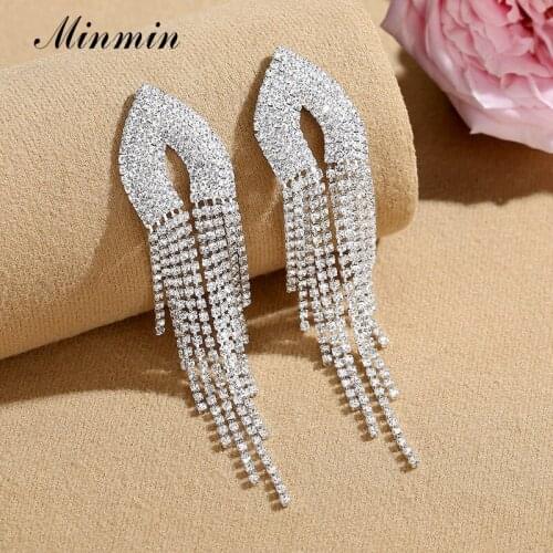 Minmin Statement Silver Color Crystal Tassel Earrings Wedding Bridal Geometric Long Drop Earrings Engagement Prom Jewelry EH1637