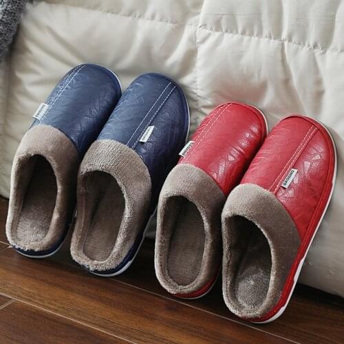 Cotton Slippers Womens Winter Home PU Leather Waterproof Couples Plush Slipper Warm Large Size Home Non-Slip Mens Shoes
