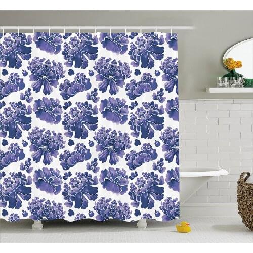 Traditional Shower Curtain Watercolor Chinese Ethnic Lotus Purple Mallow Flowers Chakra Waterproof Polyester Bath Curtains