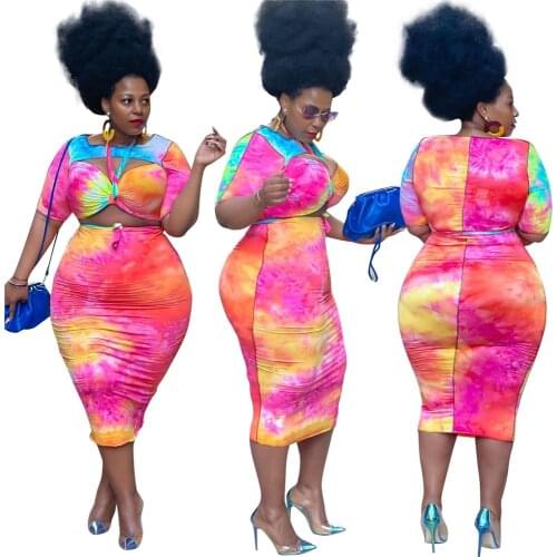 Plus Size Women Clothing Two Piece Set 4xl New Tie-dye Printing Hollow Out Short Sleeve Midi Skirt Suit Wholesale Dropshipping