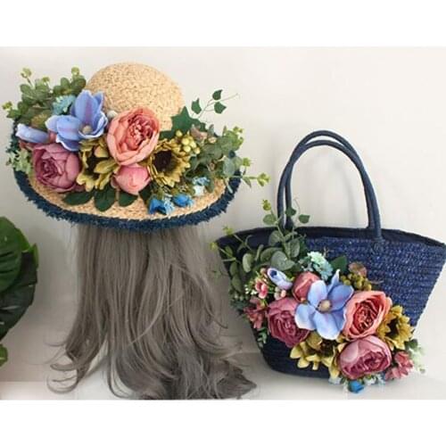 Handmade Flowers Bags for Women Beach Weaving Ladies Straw Bag 2021 New Totes Larger Capacity Vacation Handbag with Raffia Hat