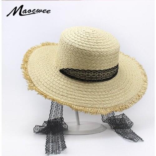 Women 2018 Straw Panama Sun Hat Black Striped Overflowed Floppy Fashion Summer Large Brim Sun Hats Lace Folded Floppy Cap Bone