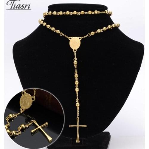 Tiasri Aesthetic Necklace Women Cross Pendant Long Chain Gold Color Stainless Steel Sweater Chain Beaded Tail Collar Choker 2020