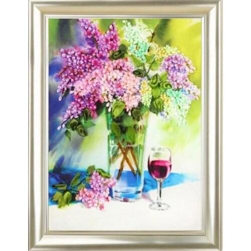 3D Lilac vase satin silk Ribbon embroidery handcraft plant flower cross-stitch kit DIY handmade needlework wall art decor supply