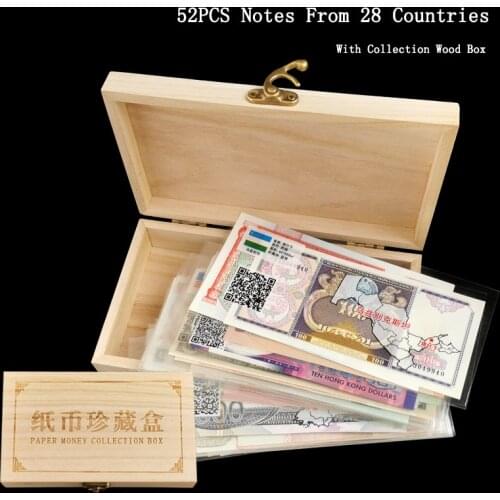 52PCS/SET Notes From 28 Countries Original Banknotes UNC Condition Non-currency World Collection Gift With Collection Wood Box
