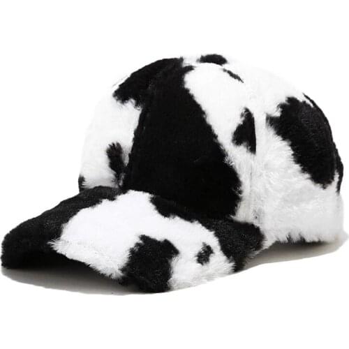 Winter Fashion Cow Print Snapback Baseball Cap Faux Fur Plush Women Cap Hip Hop Hats For Ladies Black White Baseball Cap