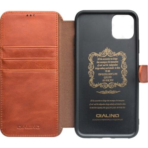 For iPhone 11 Pro Max 5.8 6.1 6.5 Real Natural Cowhide Genuine Leather Phone Case Flip Cover Qialino Brand Magnetic Wallet Pouch