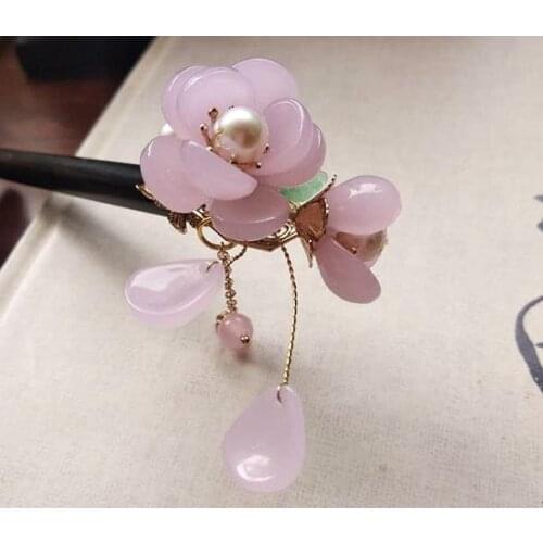 Summer Special Designed Xia Zhi Crystal Jade Pink Green Petal Hair Stick Hair Comb Pinchcock Hanfu Accessory Daily Wear