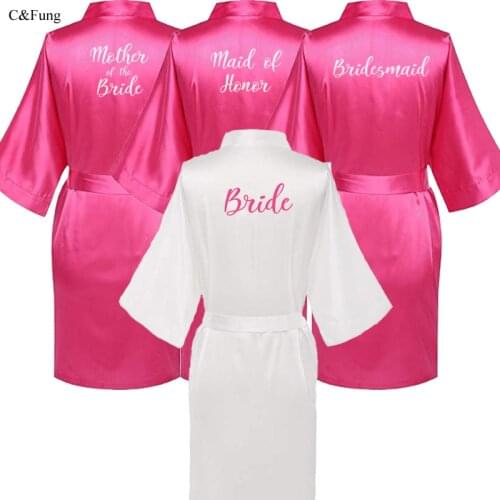C&Fung hot pink robe white writing mother of the bride robes wedding gift Short Bride bridesmaid satin robe kimono drop shipping