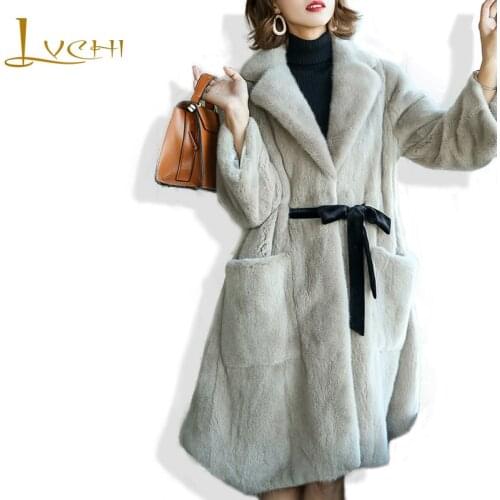 LVCHI Winter 2019 Imported Velvet Mink Coat Womens Turn-Down Collar Mink Coat Slim With Sashes Lady Pocket X-Long Mink Coats