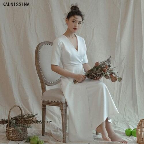 KAUNISSINA Wedding Dresses Short Sleeve V-Neck Mid-Calf Bohemian Bridal Gowns Boho Vestido De Noiva Simple Satin Bride Dress