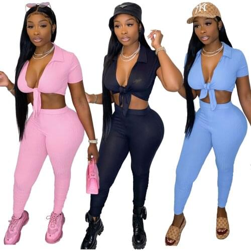 Two Piece Set Women Outfits Casual Knitted Rib V Neck Short Sleeve Bandage Crop Top + Pants Slim Tracksuit Women Outfits Suits