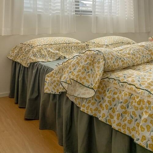 Fresh jet Washed Cotton Bedding Set French Pastoral Retro Floral Sheet Quilt Cover Lotus Leaf Lace Pillowcase Full Queen 4 PCS