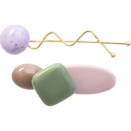 Korean Girl Yellow Pink Purple Acrylic Beads Hairpins Metal Gold Color Hair Clips Bridal Headpiece Hair Accessories for Women