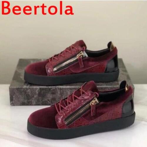 Flock Leather Sneakers Mens Shoes Casual Style Red Wine Round Toe Tenis Masculine New Brand Beertola Designers Chaussures