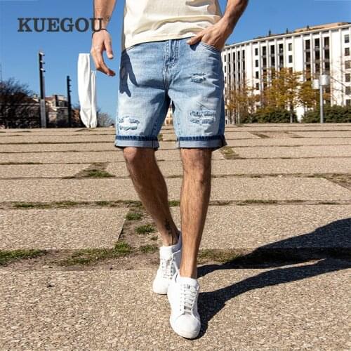KUEGOU Streetwear Loose Fit Summer Denim Short Hip Hop Vintage Wear Hole Mens Jeans Shorts Fashion Worn-out Blue KK-3025