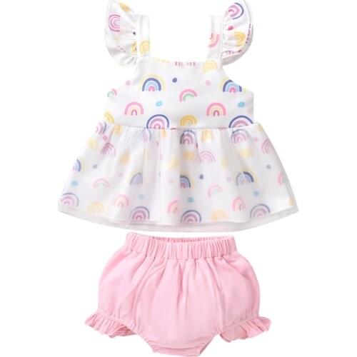 Summer Toddler Girl Clothing Set Flying Sleeve Mesh Stitching Ruffle Decoration T-shirt + Shorts Sweet Style Clothing