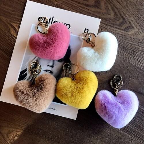 Lovely Heart Keychains Womens Pom Poms Faux Rex Rabbit Fur Ball Key Chains Girl Bag Hang Car Key Ring Pendant Llaveros
