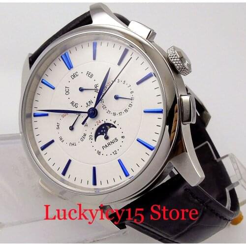 PARNIS Multifunctional Automatic Men Watch Date Week Month Function Polished Case Automatic Movement Leather Band