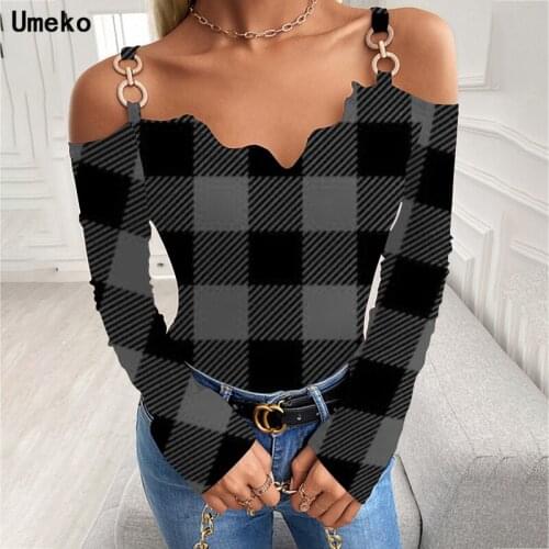 Fashion Plaid Wave Line Eage T Shirt Women Strapless Long Sleeve Tops V Neck Cloth Lattice Print Shirt Tshirt Camiseta Mujer