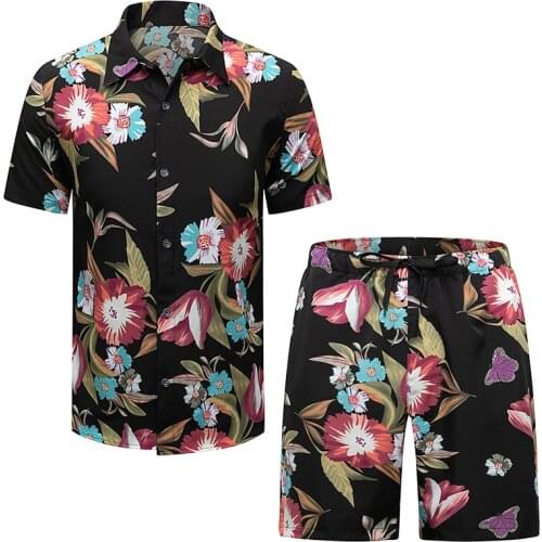Mens 2 Pieces Set Digital Printing Button Shirts Fashion Summer Short Sleeve Fashion Beach Suits