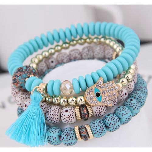 4pcs Boho Hand And Eyes Pendant Charm Natural Beads Bracelets Set Women Lava Stone Wristband Bracelet Bangles Factory price