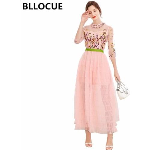 BLLOCUE 2020 New Summer Runway Flower Embroidery Mesh Dress Women sweet Pink Tulle Cake Maxi Dress Female Long Party Dresses