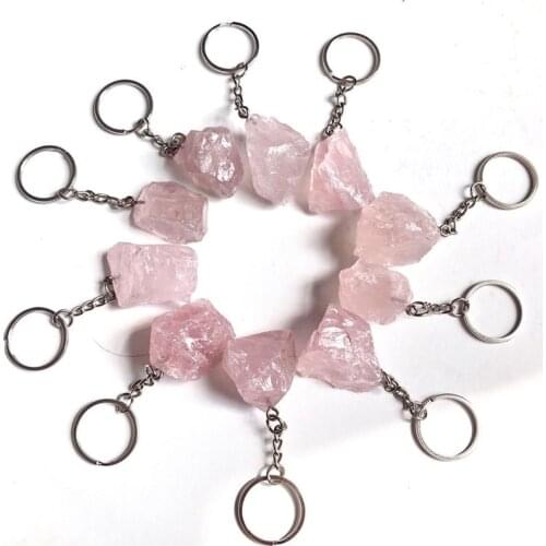 Rose Quartz Raw Rough Stones Keychain Pendant Natural Mineral Crystals