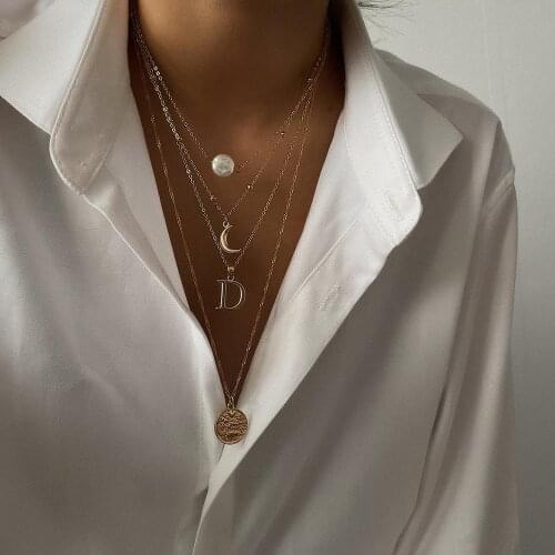 Drop Shipping Multilayer Beads Chain Imitation Pearl Necklace Women Vintage Coin Moon Letter D Charm Pendants Necklaces