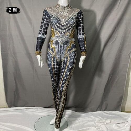 Luxury Crystals Stretch Jumpsuit women Singer Bodysuit Rhinestones Birthday Party Nightclub Show Stage bar Wear designer clothes