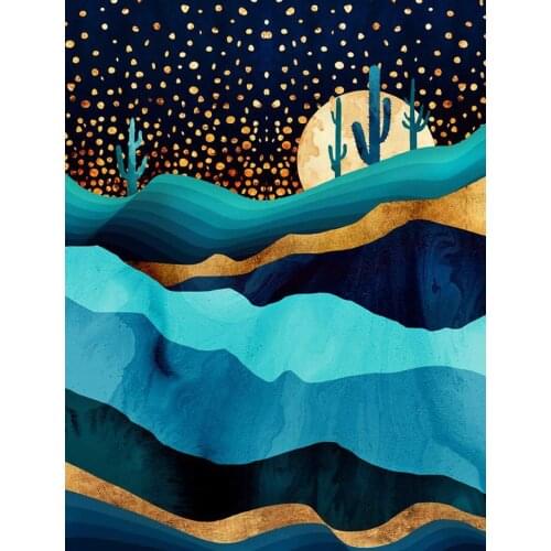 Nordic Abstract Canvas Gold Blue Dessrt Cactus Star Art Painting Print Poster Wall Picture Living Room Office Home Decoration