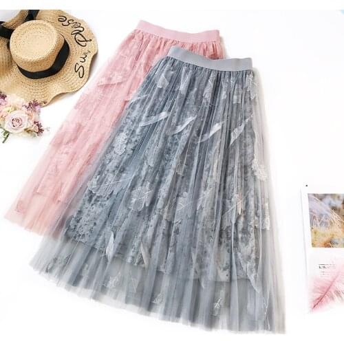 Spring Women Beading Mesh Skirts Elastic High Waist Feather Embroidery Velvet Skirt Female Tutu Long Lace Pleated Skirt AB1265