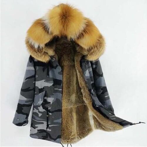2020 New winter Natural Raccoon Fur Hood Real Rabbit Fur Liner long Parka Winter Jacket Women Outerwear Real Fur Coat