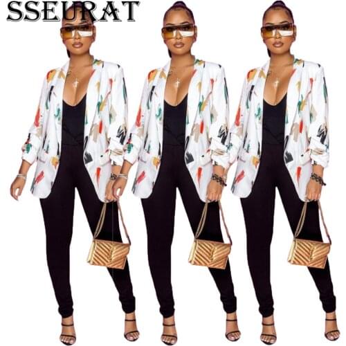 SSEURAT Women Blazers Print Full Sleeve Notched Collar Long Blazers Office Lady Clothing Fall 2021