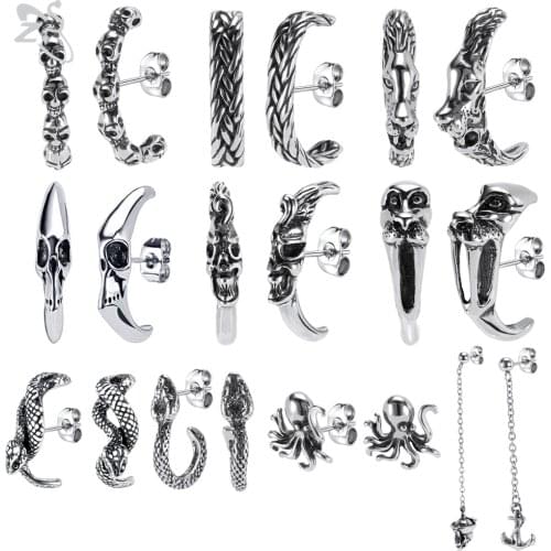 ZS 1 Pair Punk Rock 316L Stainless Steel Stud Earrings For Men Women Skull Snake Ear Stud Retro Vintage Ear Piercings Jewelry