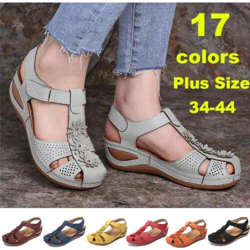 Woman 2020 Summer Leather Vintage Flower Sandals Buckle Casual Sewing Women Retro Sandalias Female Ladies Platform Shoes 34-44