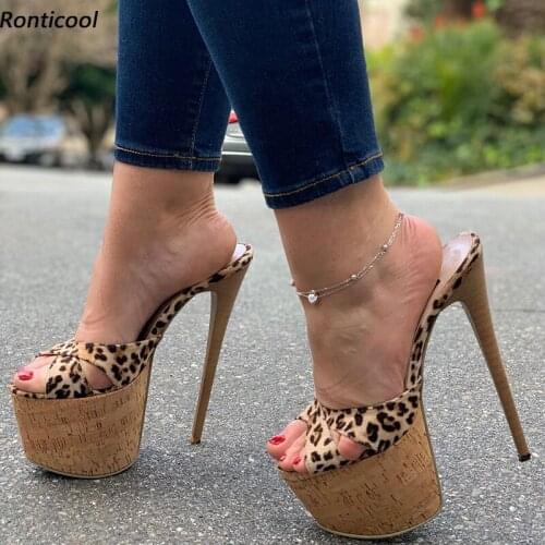 Ronticool Customization Women Platform Mules Sandals Sexy Stiletto Heels Open Toe Gorgeous Leopard Night Club Shoes US Size 5-20