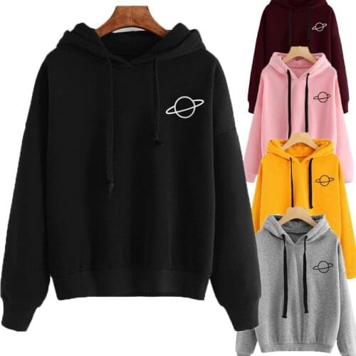 Women Hoodies Casual Planet Print Solid Loose Drawstring Sweatshirt Long Sleeve Hooded 2020 Autumn Female Pullover