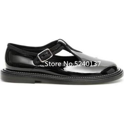 European Design Thick Bottom Women Flats Hollow Black Patent Leather Buckle Strap Genuine Leather Flat Shoes Female
