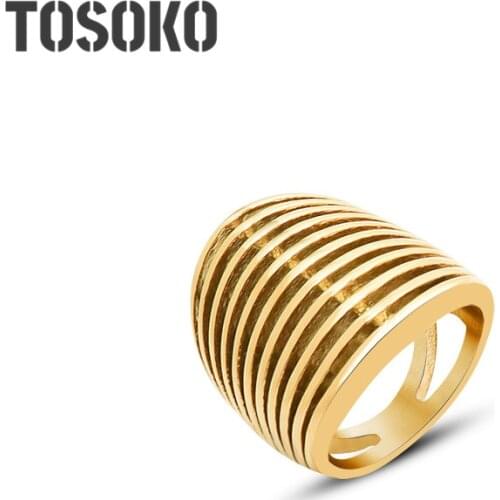 TOSOKO Stainless Steel Jewelry Exaggerated Heavy Industry Handmade Stripe Hollow Out Ring Womens Fashion Index Finger Ring A176