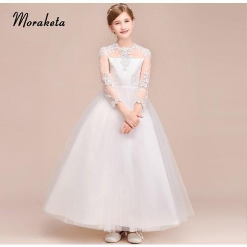 Ball Gown Long Sleeves White Flower Girl Dresses For Wedding 2019 O-Neck Princess Floor-length First Communion Dresses