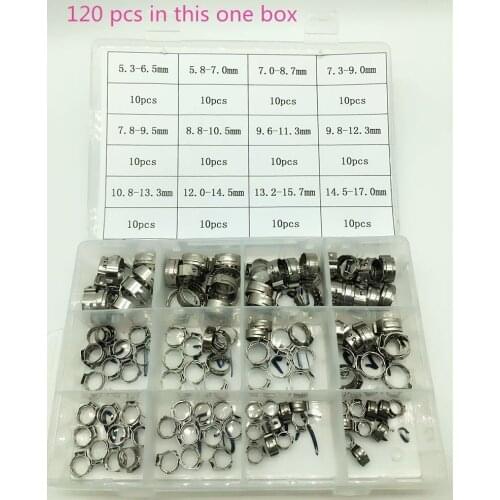 Free shipping Pipe Clamp High Quality 120 PCS Stainless Steel 304 Single Ear Hose Clamps Assortment Kit Single with box