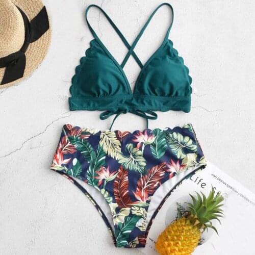 Sagace womens Cross bandage leaf print high waist bikini split swimsuit suit slim swimsuit beach style Brazilian push up Swimwe