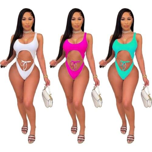 Echoine Chain Lace Up Cut Out Bodysuit Plus Size S-3XL Woman Sleeveless Fitness Beach Wear Bikini Women One Piece Swimsuit