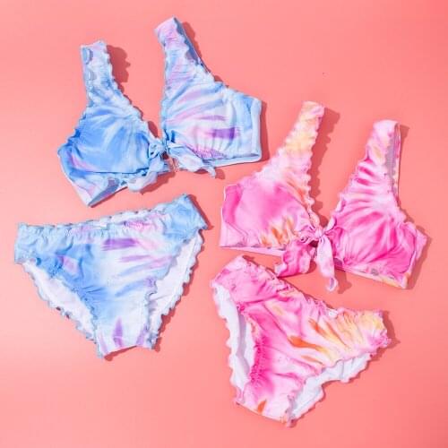 Bow Tie Girl Swimsuit 2-8 Years Two Piece Childrens Swimwear Ruffle Girl Bathing Suit Tie Dye Girl Bikini Set Beachwear Biquini