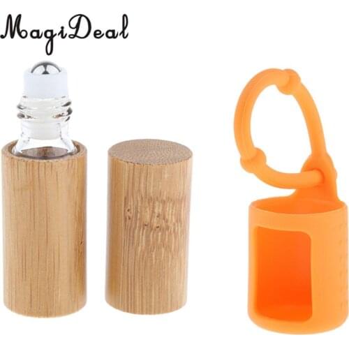 Wooden Empty Essential Oils Roller Bottle with Silicone Carrying Cover Sleeve Kit Set