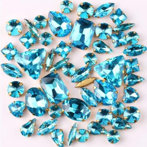 Gold claw setting 50pcs/bag shapes mix Aquamarine glass crystal sew on rhinestone wedding dress shoes bags diy trim