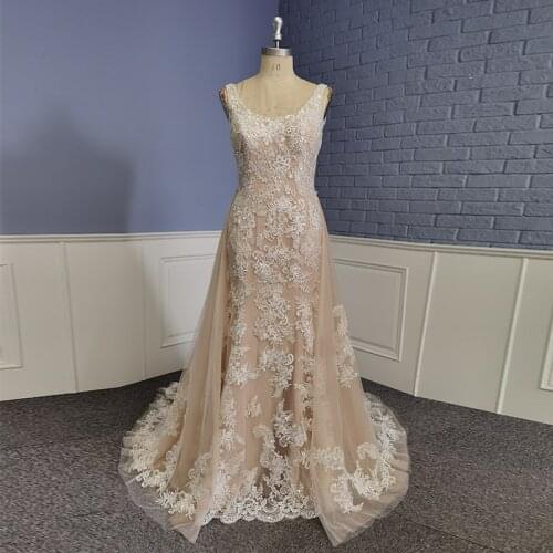 Real Picture Exquisite Wedding Dress Sleeveless Sequins Applique Backless Lace Mermaid Bridal Gowns